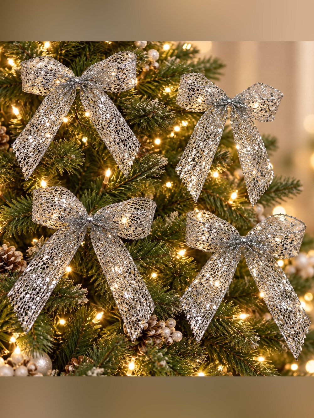 Set of 4 Silver Glitter Mesh Christmas Tree Bows – 6” x 8”